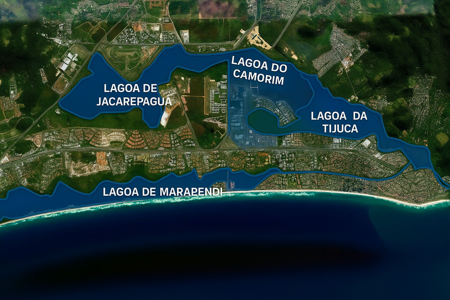 Vista das lagoas da Barra da Tijuca, Jacarepaguá, Camorim e Marapendi